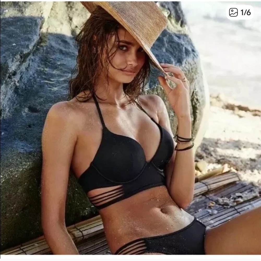 Victorias Secret Bombshell Strappy Longline Swim Size 34D Black